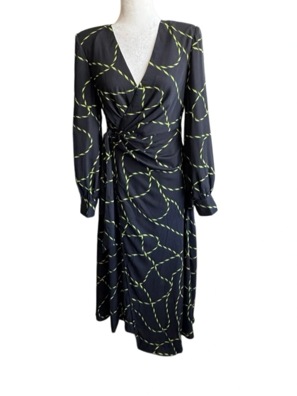 Urban Revivo Womens Black Chain Print Midi Dress Wrap Ruched Long Sleeves S NEW